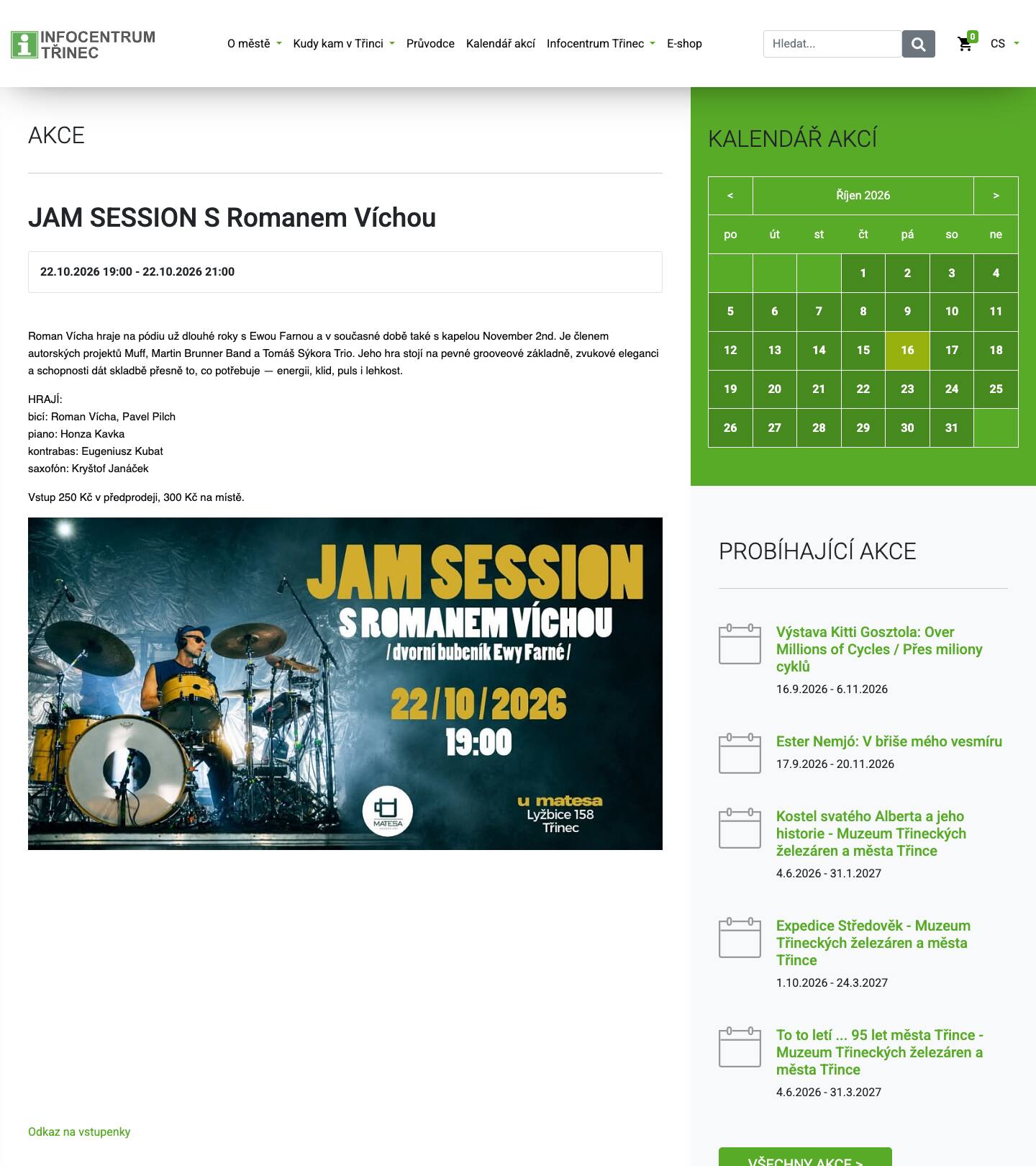 Dnešní detail akce JAM SESSION: nadpis, rámeček s datem a časem, odstavec o kapele, řádek s cenou, velký plakát a pod ním textový odkaz na vstupenky.