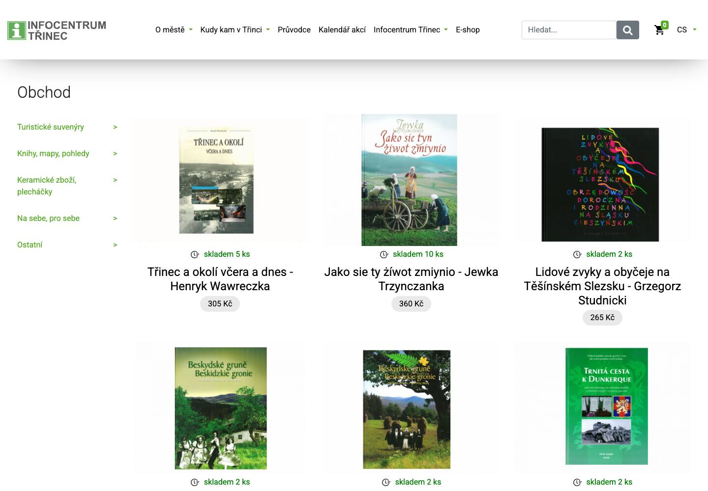 Dnešní e-shop: vlevo kategorie, vpravo mřížka knih se stavem skladu a cenou v šedé pilulce, bez tlačítka do košíku.