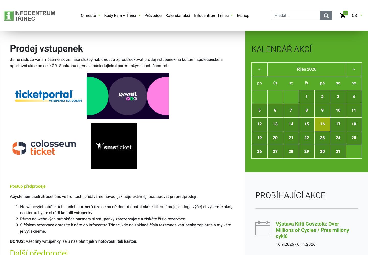 Stránka Prodej vstupenek: loga Ticketportal, GoOut, Colosseum a SMSticket a pod nimi očíslovaný postup předprodeje.