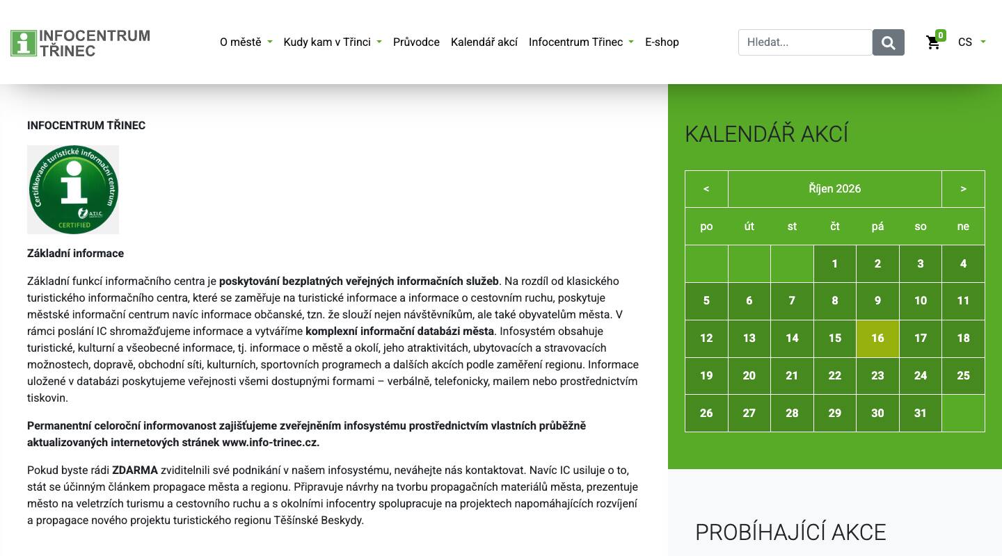 Dnešní stránka Služby a prodej: titulek Infocentrum Třinec, logo certifikace a tři odstavce o poslání informačního centra.