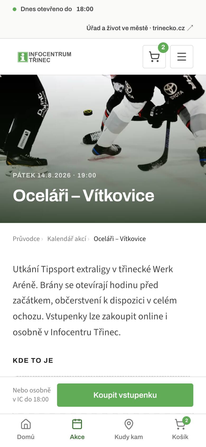 Návrh detailu akce na telefonu: nahoře lišta s otevírací dobou, fotka s názvem, text a dole pevná lišta s tlačítkem Koupit vstupenku nad spodní navigací.
