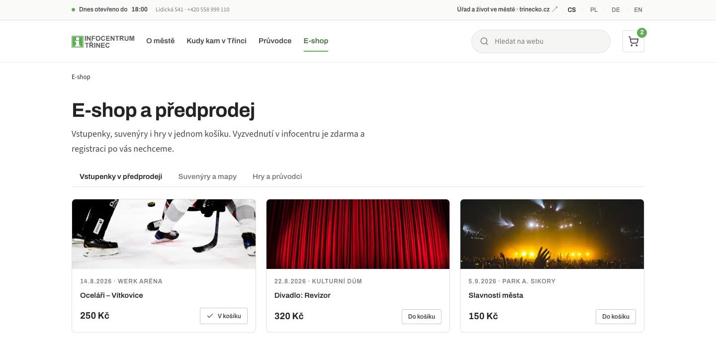 Návrh e-shopu: nadpis E-shop a předprodej, záložky Vstupenky v předprodeji, Suvenýry a mapy, Hry a průvodci, tři vstupenky s datem, místem, cenou a tlačítkem do košíku.