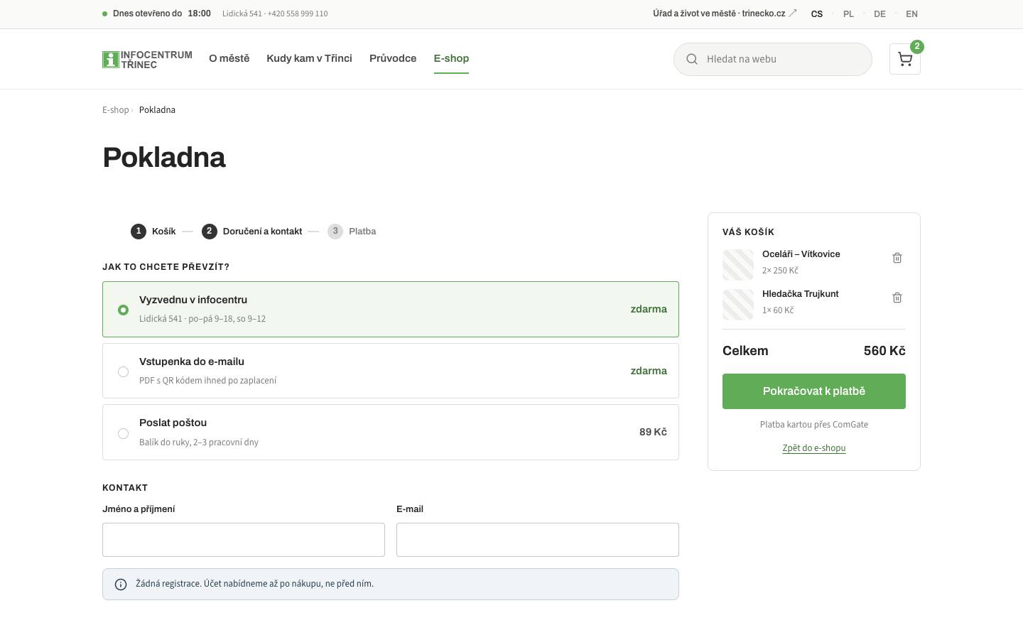 Návrh pokladny: ukazatel tří kroků, volba převzetí (vyzvednutí v infocentru, vstupenka do e-mailu, pošta), dvě pole kontaktu a vpravo souhrn košíku s tlačítkem Pokračovat k platbě.