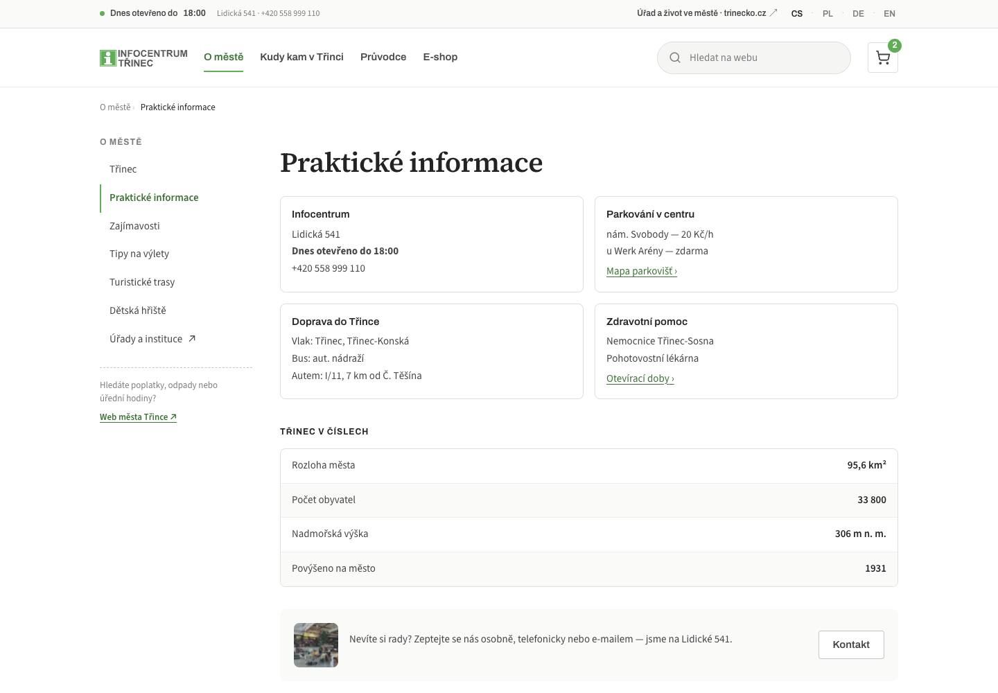 Návrh praktických informací: vlevo navigace sekce O městě s odkazem na web města, vpravo karty Infocentrum, Parkování v centru, Doprava do Třince, Zdravotní pomoc a tabulka Třinec v číslech.