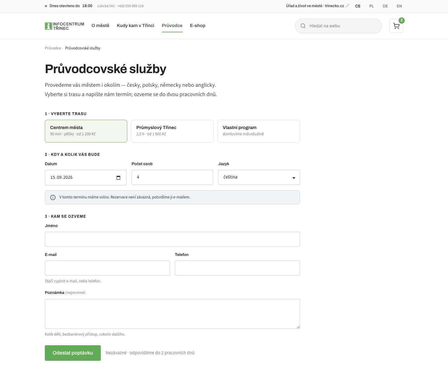 Návrh Průvodcovské služby: nadpis a perex, krok 1 výběr ze tří tras s délkou a cenou, krok 2 datum, počet osob a jazyk se zprávou o volném termínu, krok 3 kontakt a zelené tlačítko Odeslat poptávku.