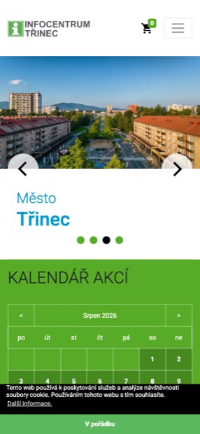 První obrazovka dnešního webu na telefonu: logo, košík, fotografie z karuselu a začátek mřížky kalendáře.