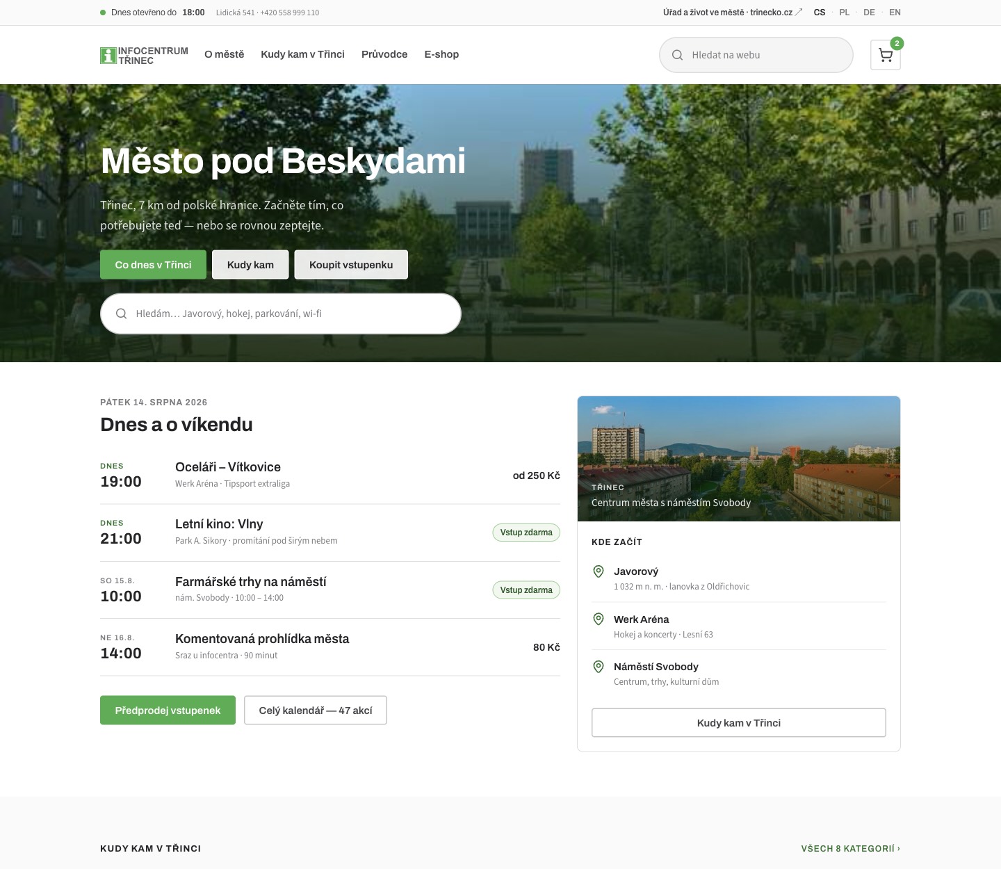 Návrh homepage: fotografie Třince s nadpisem Město pod Beskydami, třemi tlačítky a velkým vyhledávacím polem; pod fotkou seznam akcí s časy a cenami a karta s třemi místy, kde začít.